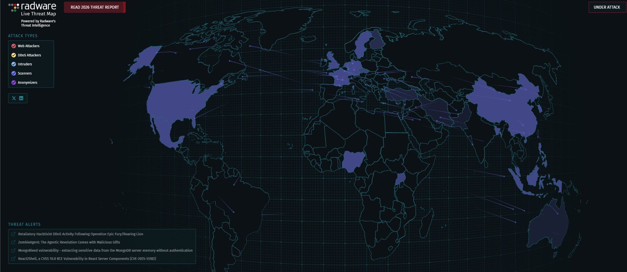Global cyber threat map showing live attack traffic between regions